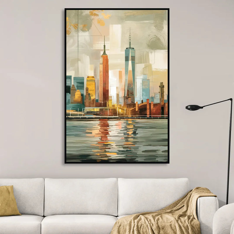 New York City Abstract Skyline Art Hudson Sitting Room - Black Canvas Wall Art