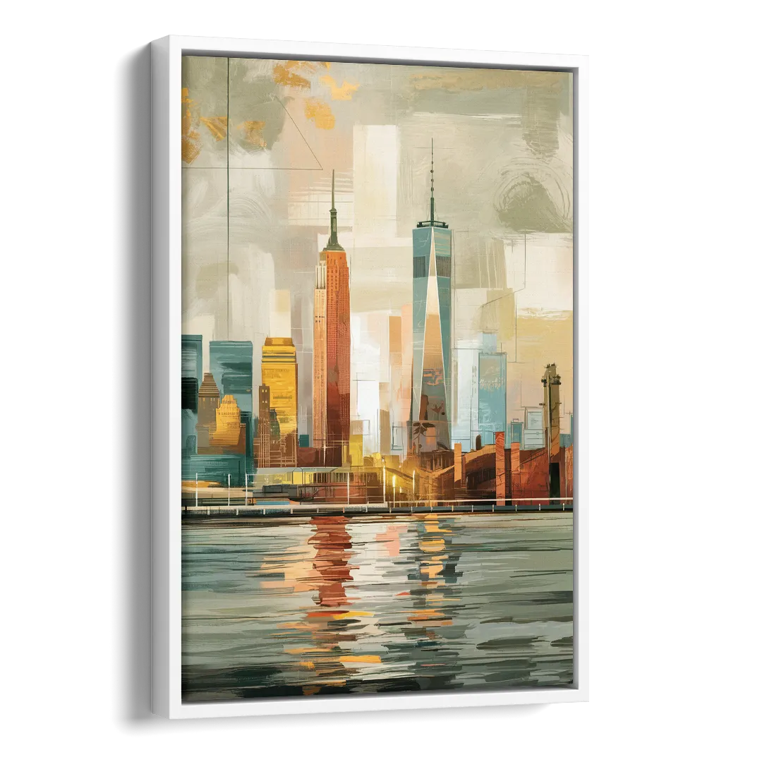 New York City Abstract Skyline Art Hudson Side - White Canvas Wall Art