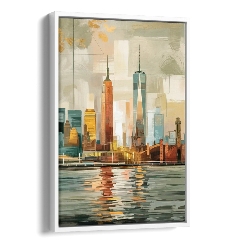 New York City Abstract Skyline Art Hudson Side - White Canvas Wall Art