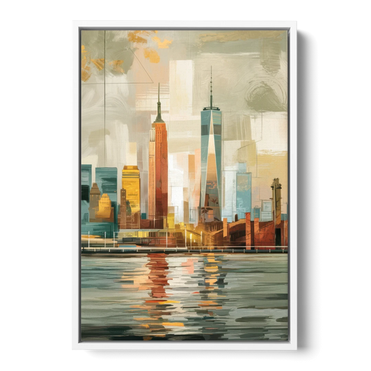 New York City Abstract Skyline Art Hudson - White Framed Canvas Wall Art - Front