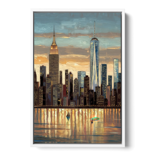 New York City Artistic View - White Framed Canvas Wall Art - Front