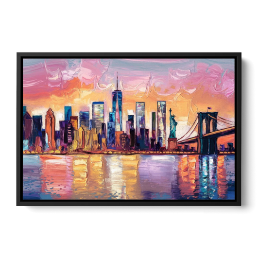 New York City Artistic Watercolor View - Black Framed Canvas Wall Art - Front