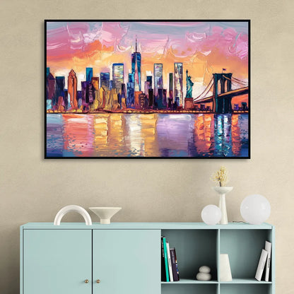 New York City Artistic Watercolor View Living Room - Black Canvas Wall Art