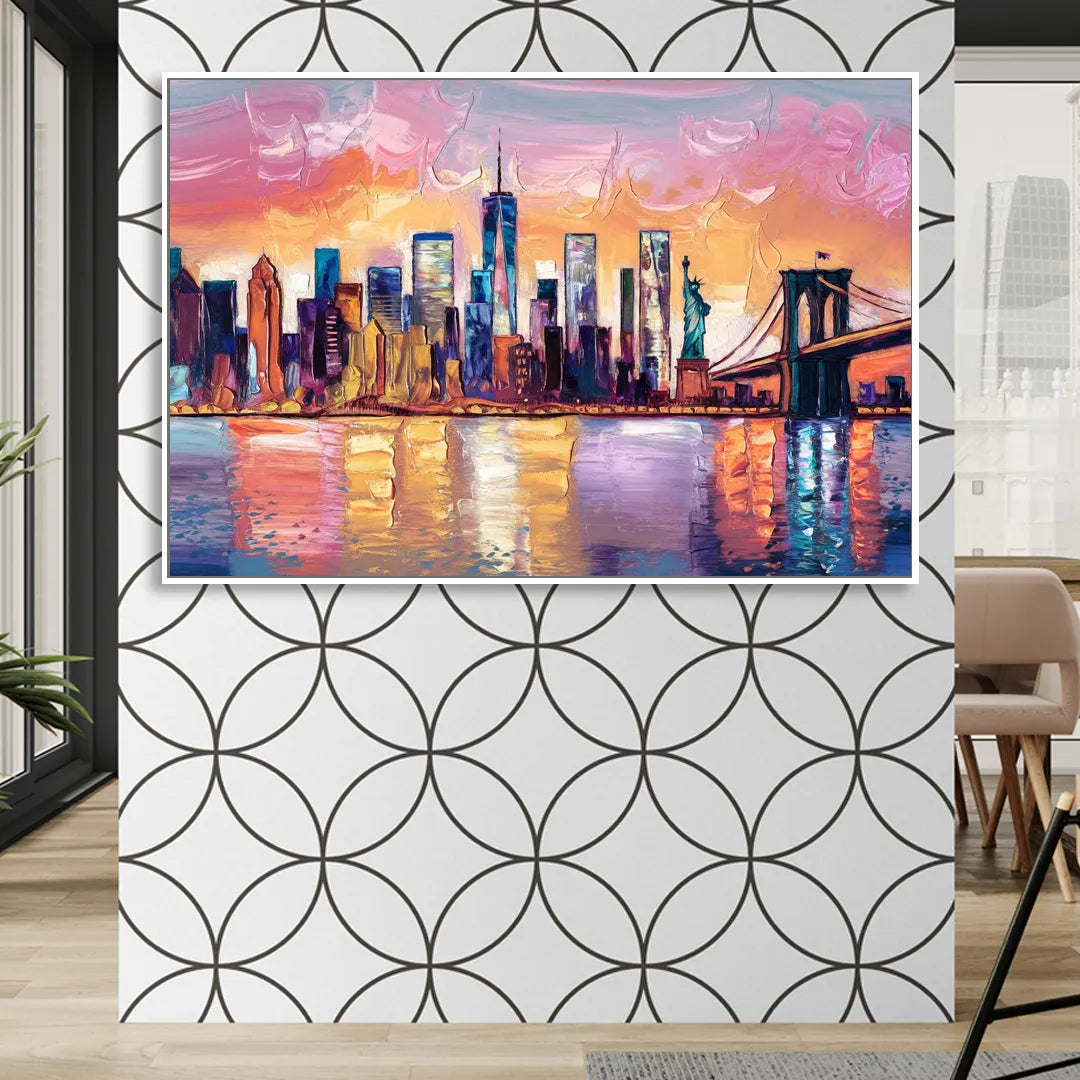 New York City Artistic Watercolor View Living Room - White Canvas Wall Art