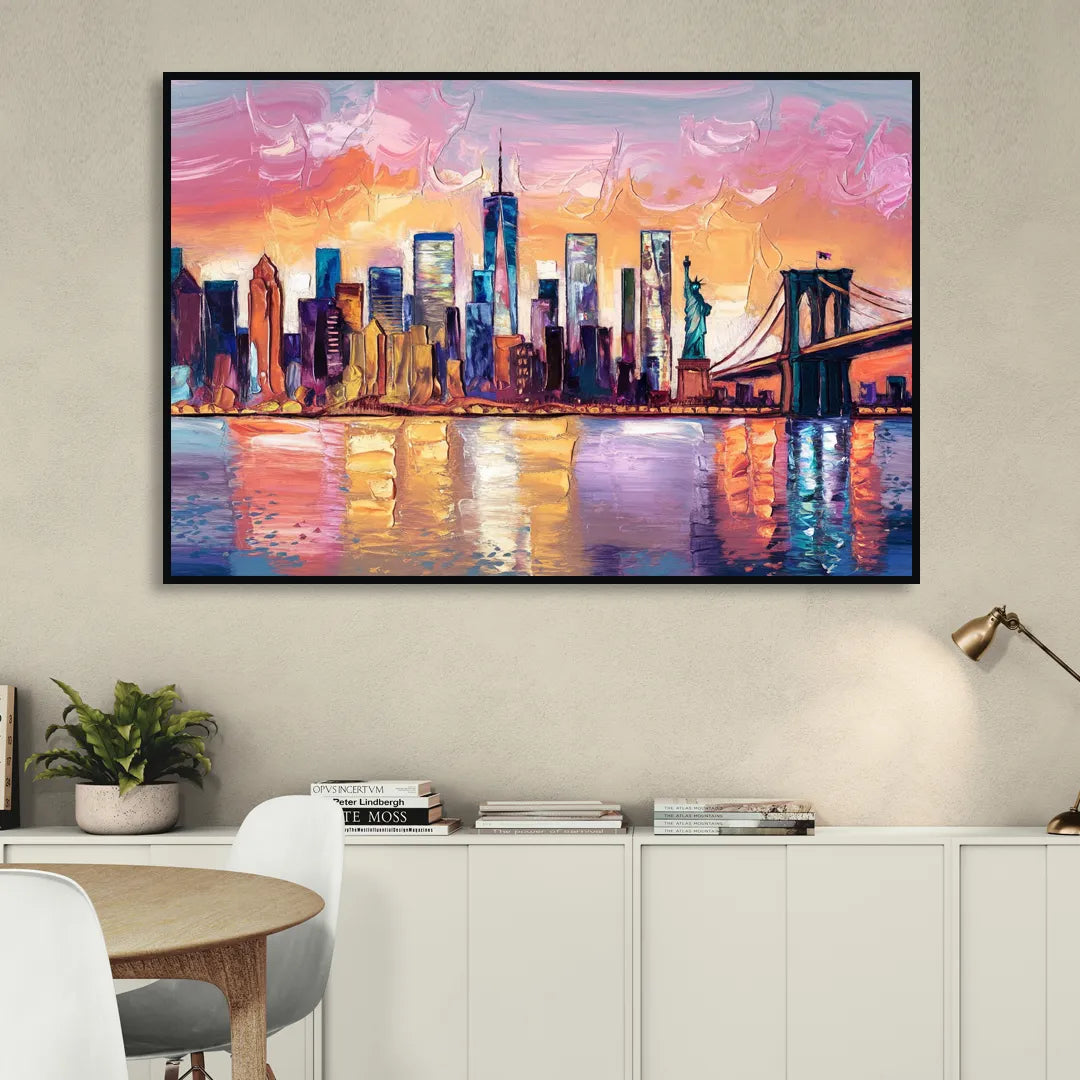 New York City Artistic Watercolor View Sitting Room - Black Canvas Wall Art