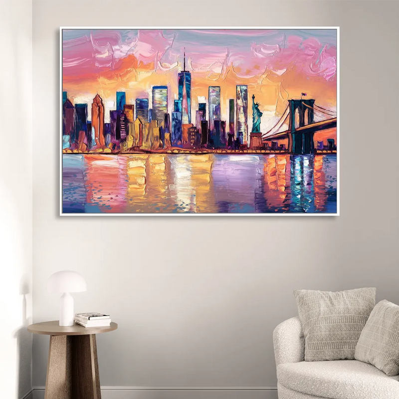 New York City Artistic Watercolor View Sitting Room - White Canvas Wall Art