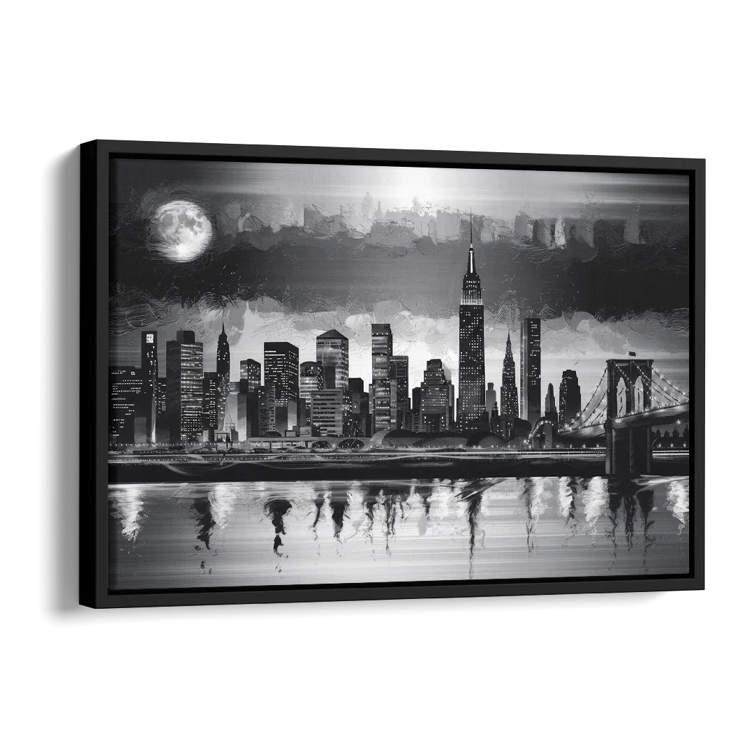 New York City Black And White Skyline Side - Black Canvas Wall Art