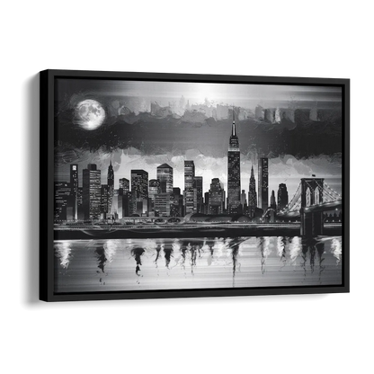 New York City Black And White Skyline Side - Black Canvas Wall Art