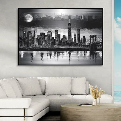 New York City Black And White Skyline Sitting Room - Black Canvas Wall Art