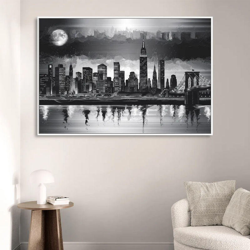 New York City Black And White Skyline Living Room - White Canvas Wall Art