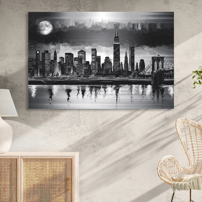 New York City Black And White Skyline Living Room - Canvas Wall Art