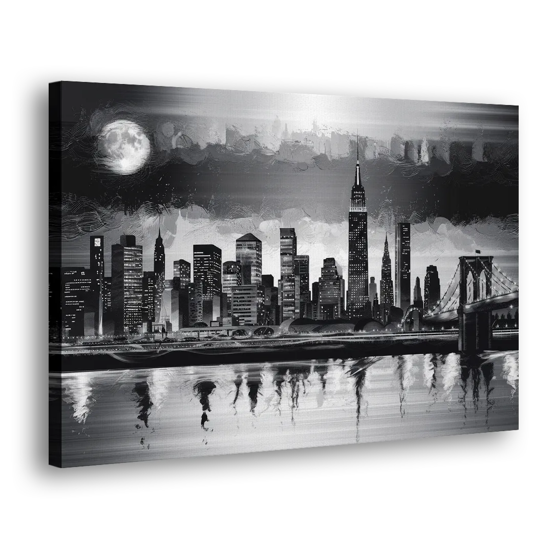 New York City Black And White Skyline Side - Canvas Wall Art