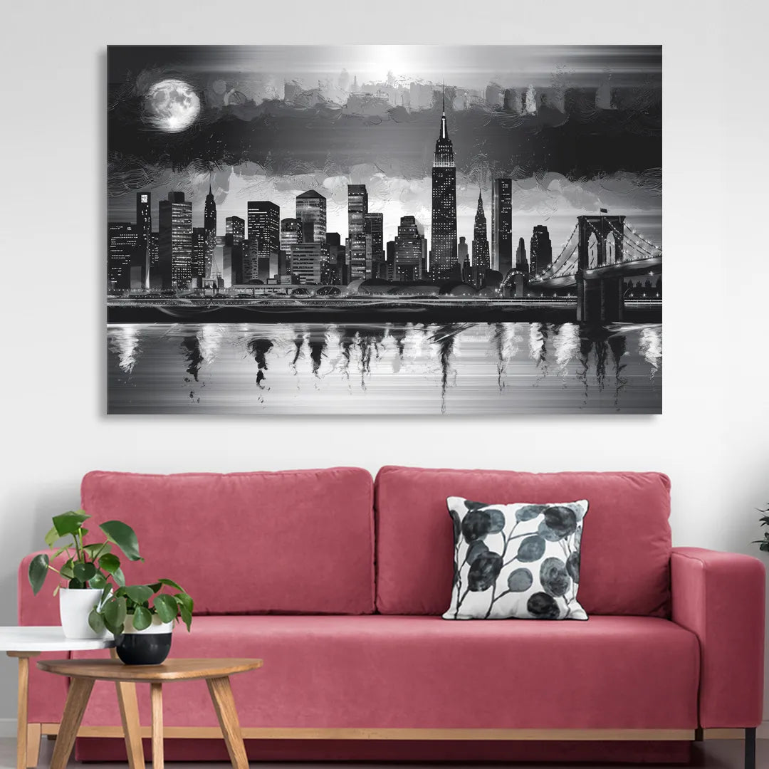 New York City Black And White Skyline Sitting Room - Canvas Wall Art