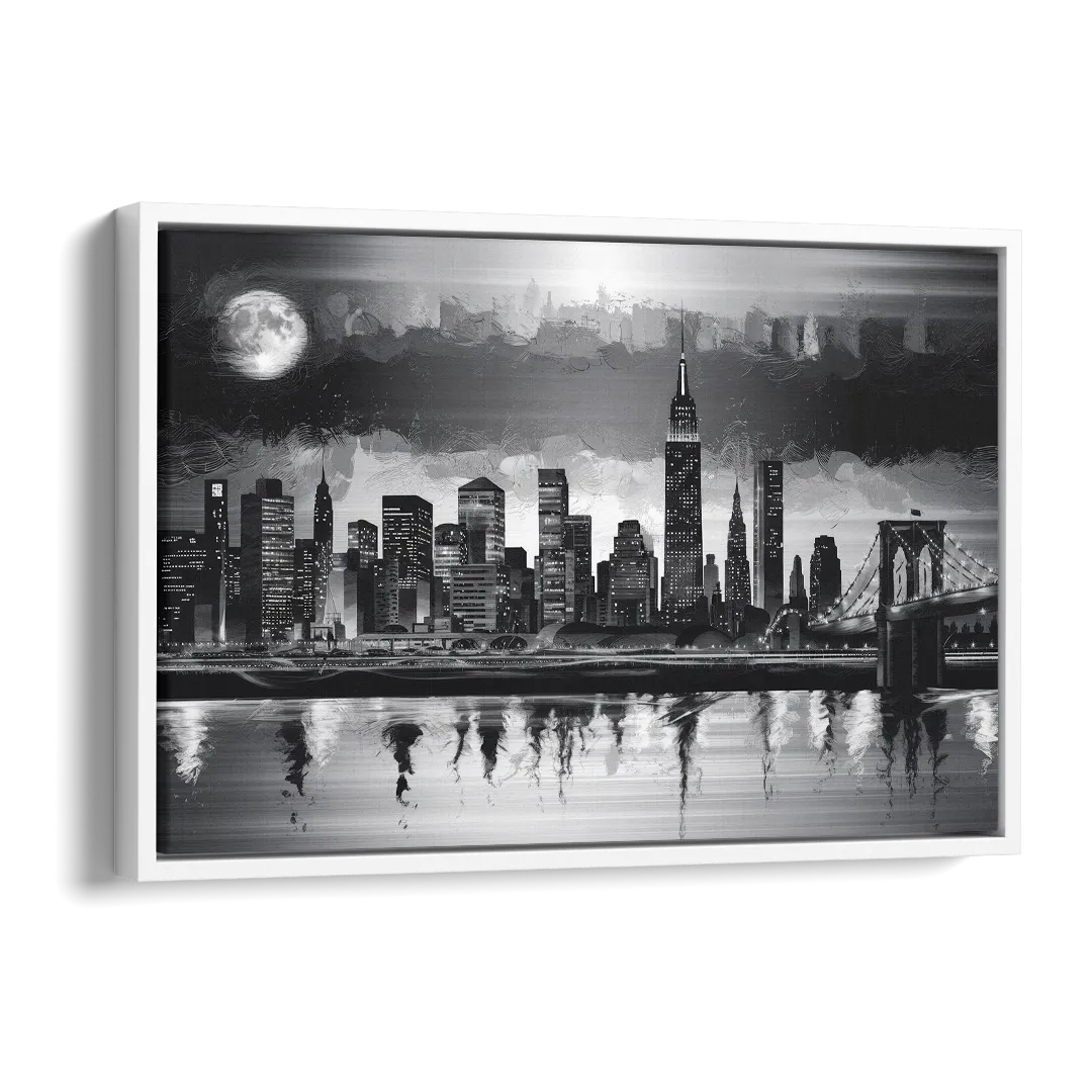 New York City Black And White Skyline Side - White Canvas Wall Art