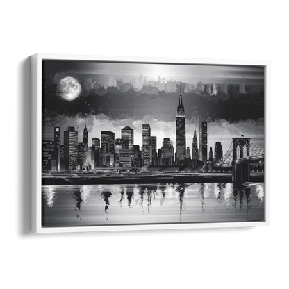 New York City Black And White Skyline Side - White Canvas Wall Art