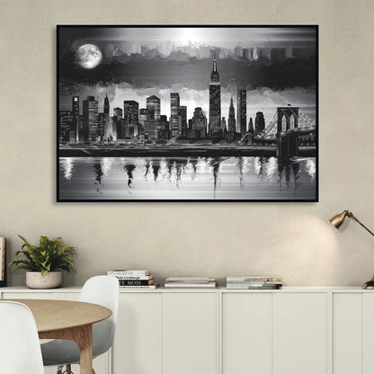 New York City Black And White Skyline Living Room - Black Canvas Wall Art
