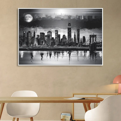 New York City Black And White Skyline Sitting Room - White Canvas Wall Art