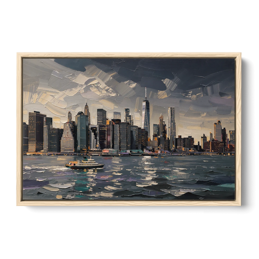 New York City Black And White Skyline - Oak Framed Canvas Wall Art - Front