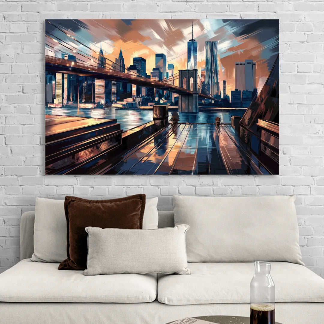 New York City Bridge From The Rooftop Sitting Room - Canvas Wall Art