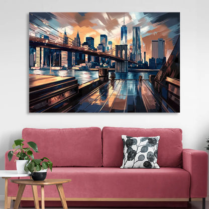 New York City Bridge From The Rooftop Living Room - Canvas Wall Art