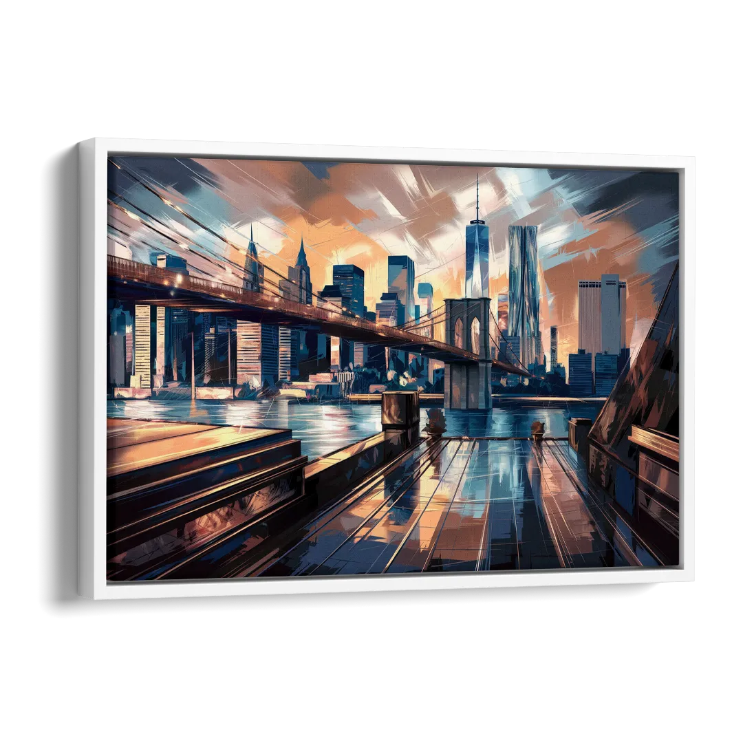 New York City Bridge From The Rooftop Side - White Canvas Wall Art