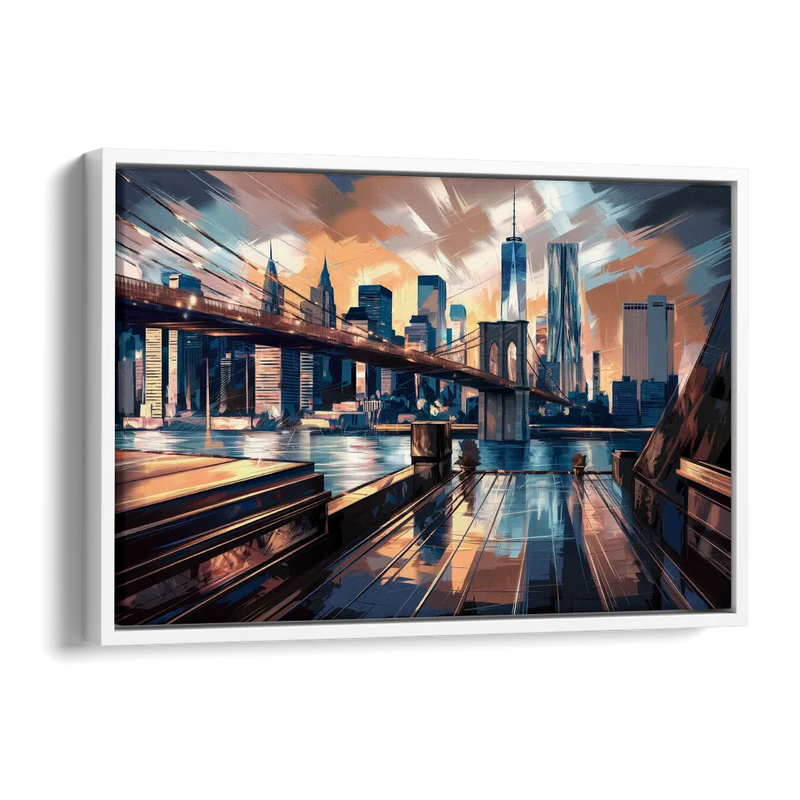 New York City Bridge From The Rooftop Side - White Canvas Wall Art