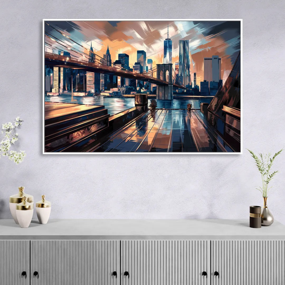 New York City Bridge From The Rooftop Sitting Room - White Canvas Wall Art