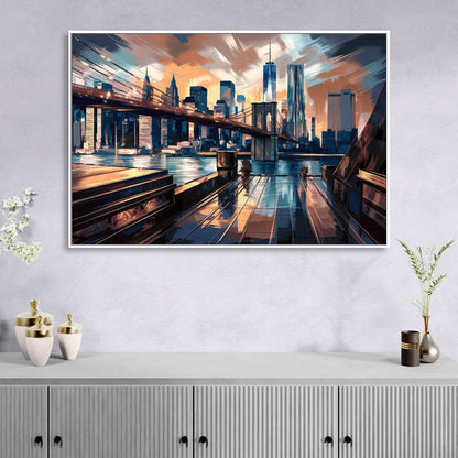 New York City Bridge From The Rooftop Sitting Room - White Canvas Wall Art