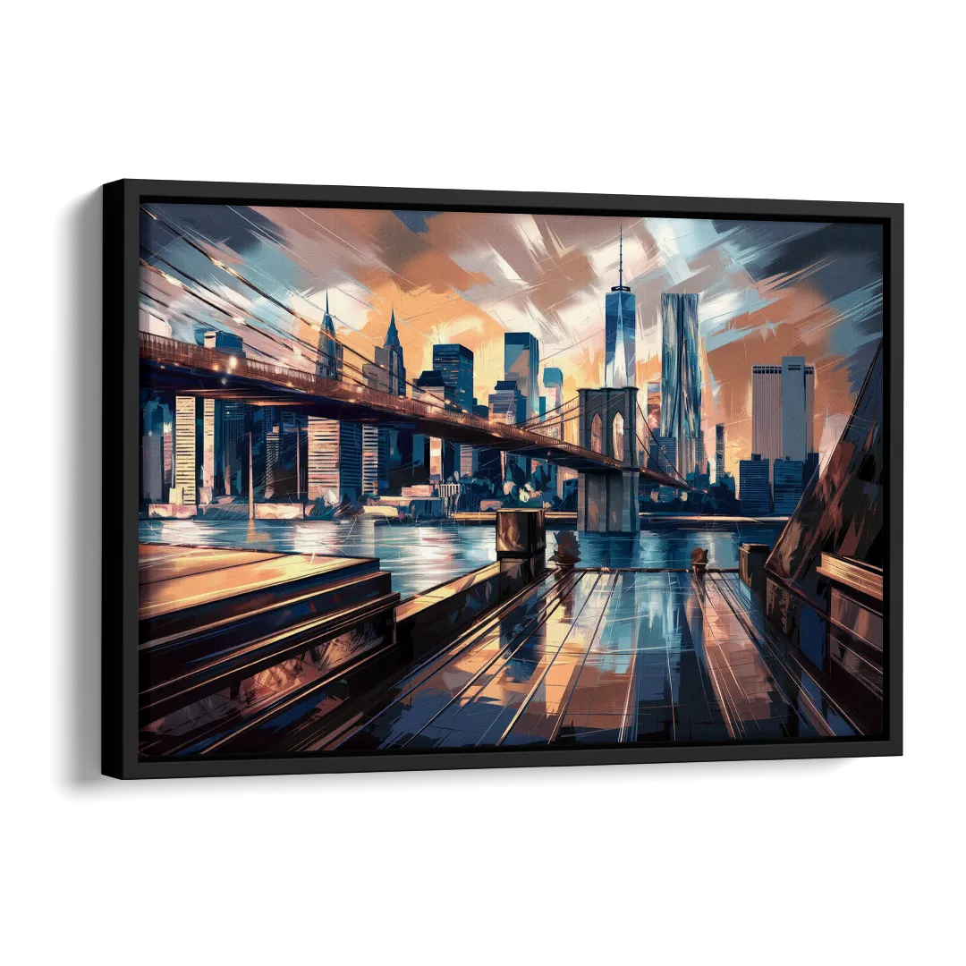 New York City Bridge From The Rooftop Side - Black Canvas Wall Art