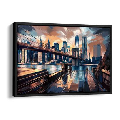 New York City Bridge From The Rooftop Side - Black Canvas Wall Art