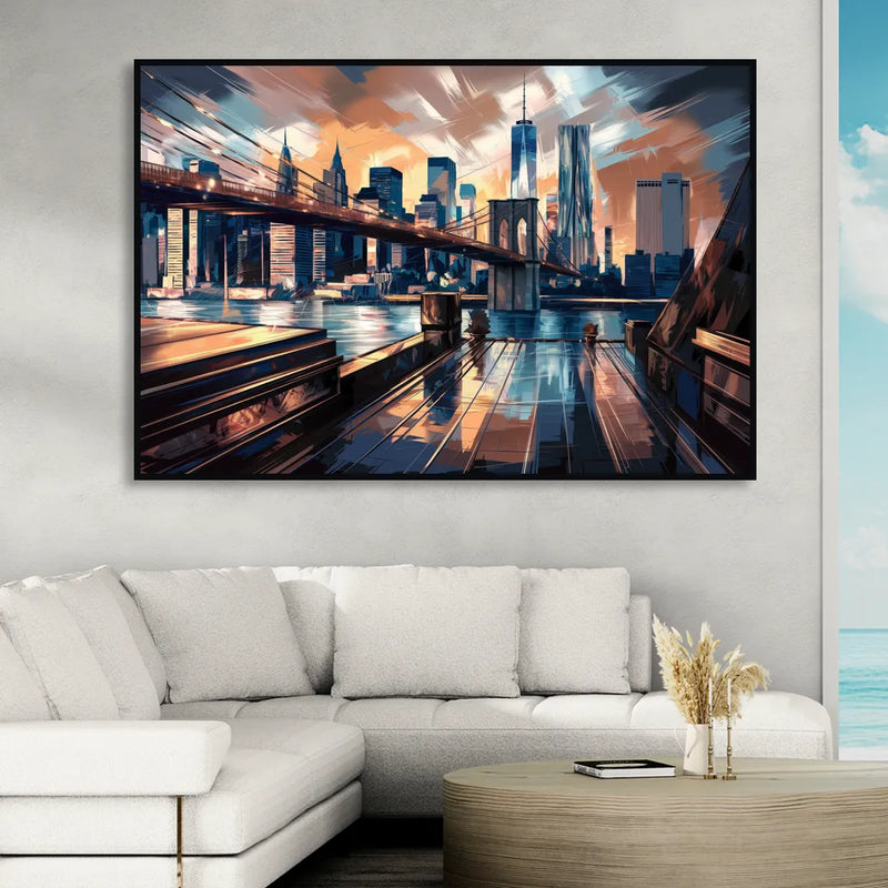 New York City Bridge From The Rooftop Living Room - Black Canvas Wall Art