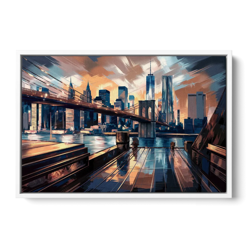 New York City Bridge From The Rooftop Front - White Canvas Wall Art