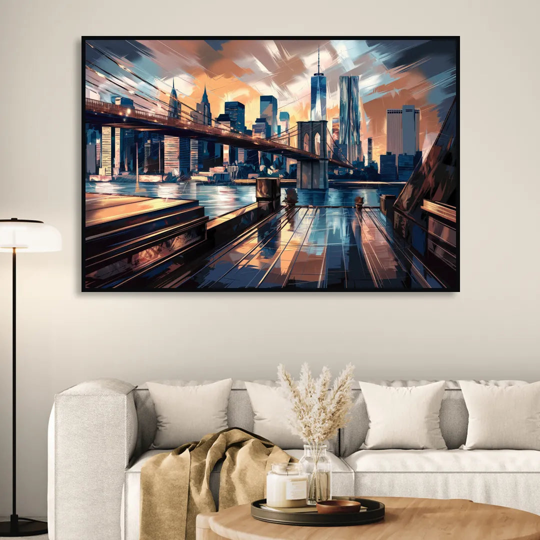 New York City Bridge From The Rooftop Sitting Room - Black Canvas Wall Art