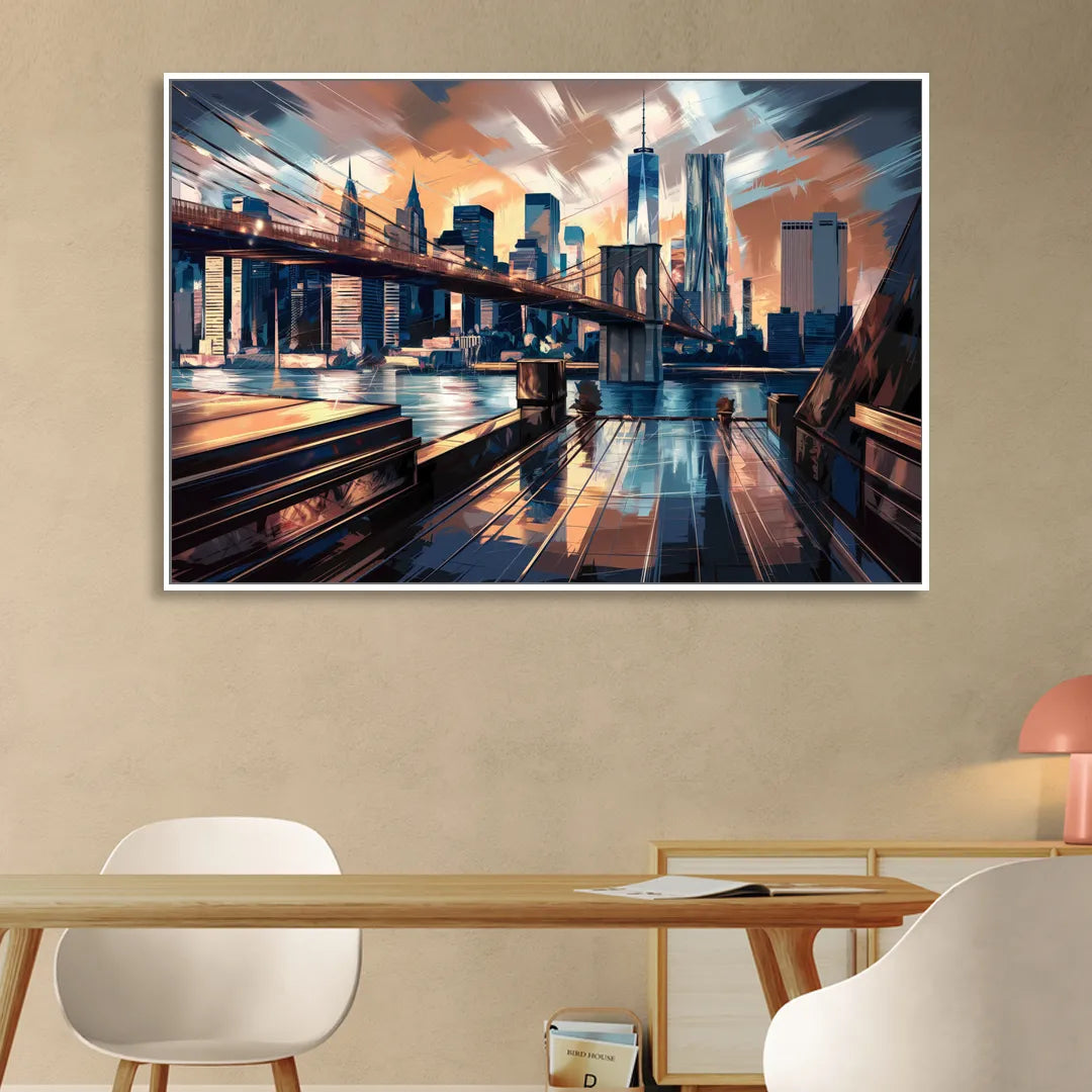 New York City Bridge From The Rooftop Living Room - White Canvas Wall Art
