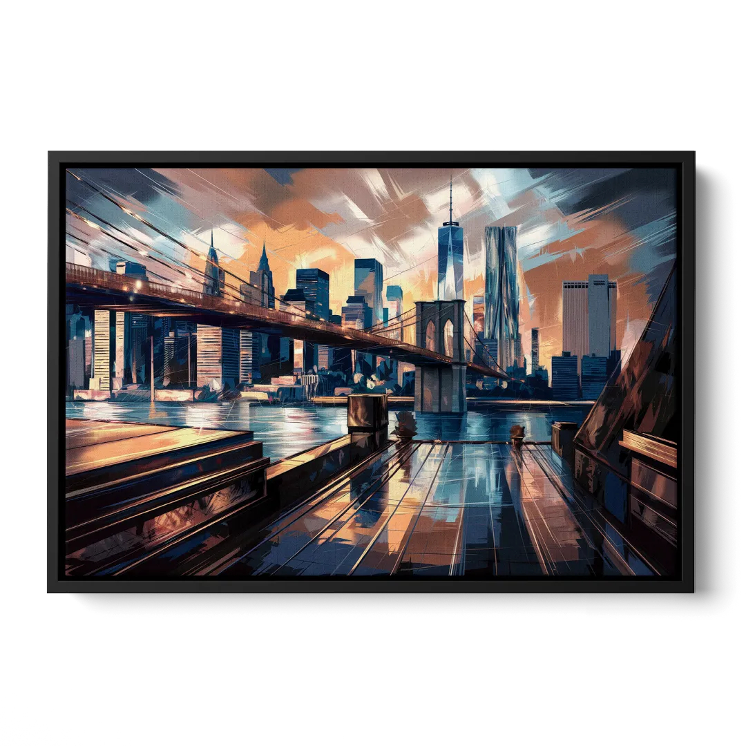 New York City Bridge From The Rooftop Front - Black Canvas Wall Art