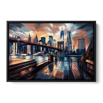 New York City Bridge From The Rooftop Front - Black Canvas Wall Art