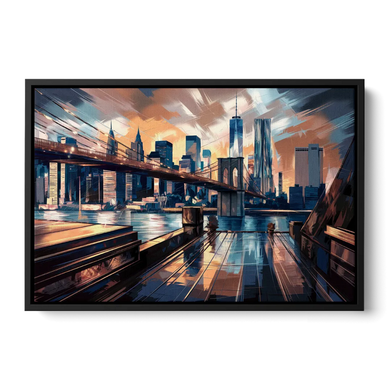 New York City Bridge From The Rooftop Front - Black Canvas Wall Art