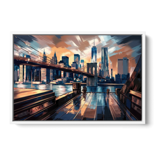 New York City Bridge From The Rooftop - White Framed Canvas Wall Art - Front