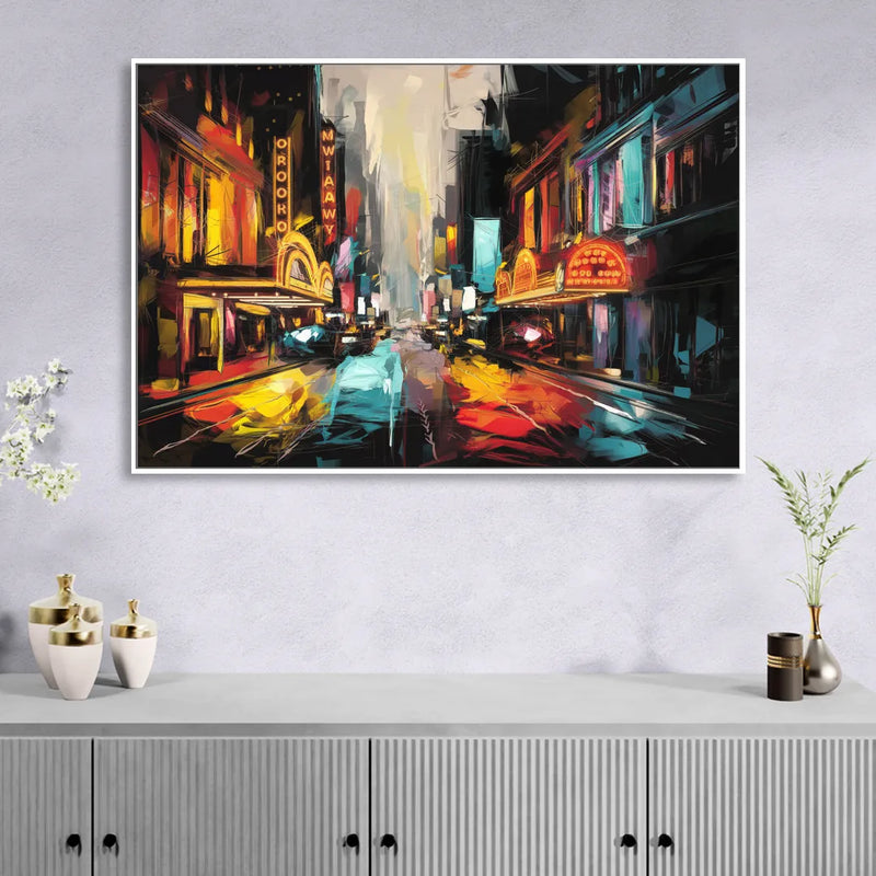 New York City Broadway Lights Living Room - White Canvas Wall Art