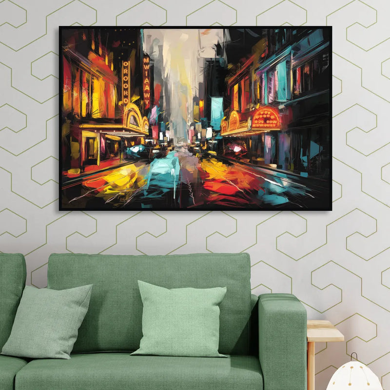 New York City Broadway Lights Sitting Room - Black Canvas Wall Art