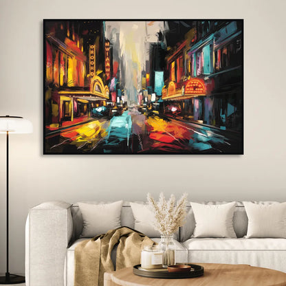New York City Broadway Lights Living Room - Black Canvas Wall Art