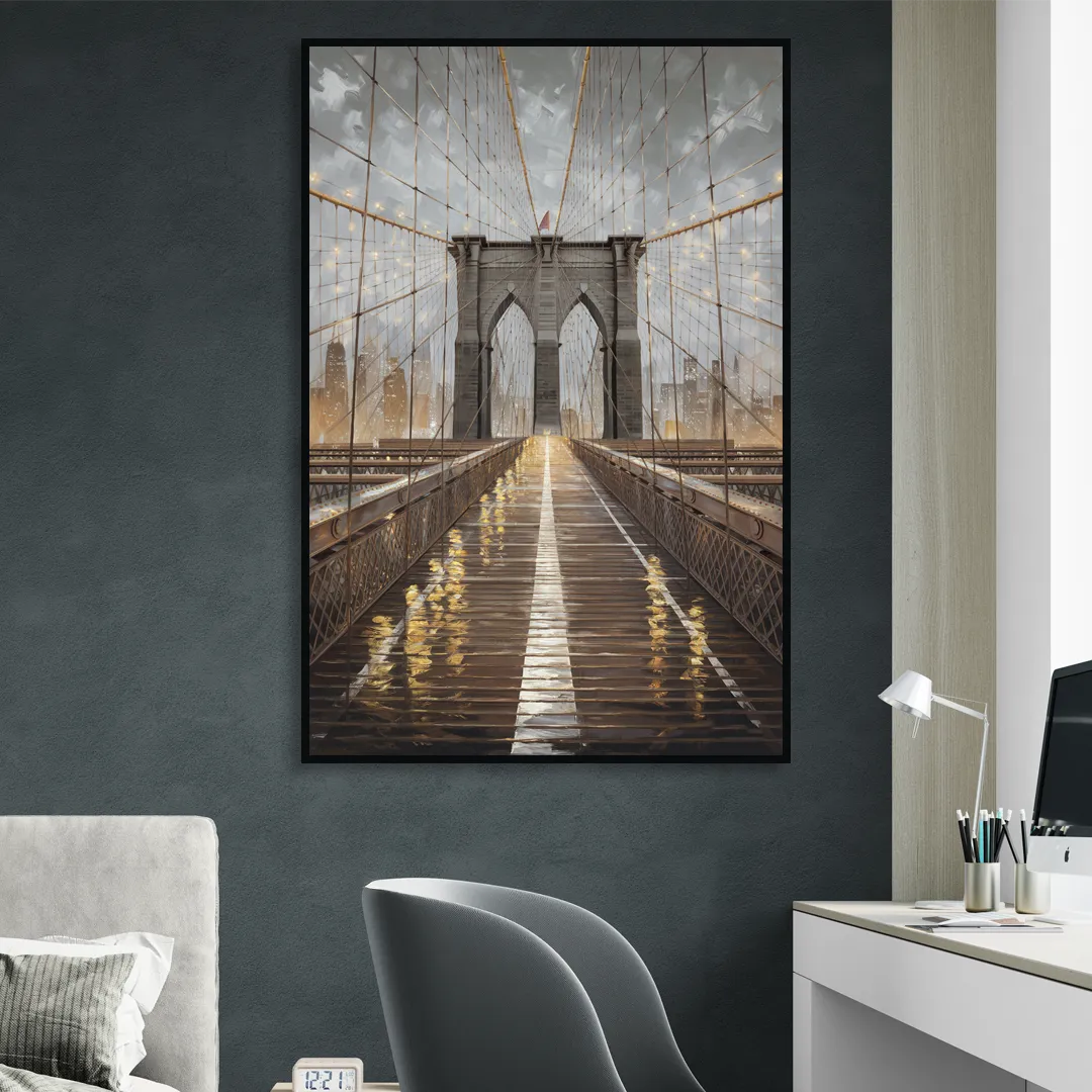 New York City Brooklyn Bridge View Sitting Room - Black Canvas Wall Art