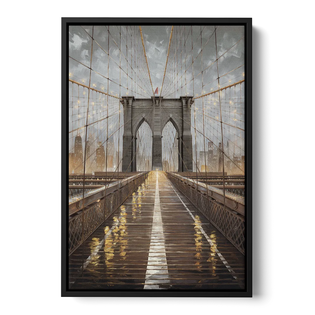 New York City Brooklyn Bridge View Front - Black Canvas Wall Art