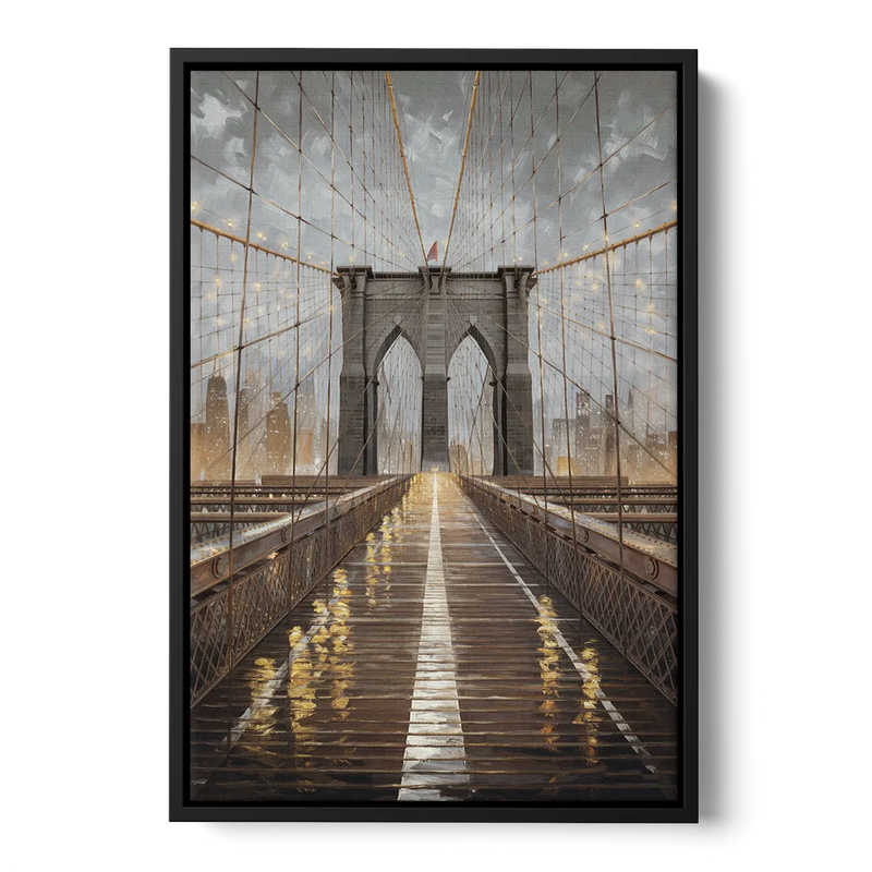 New York City Brooklyn Bridge View Front - Black Canvas Wall Art