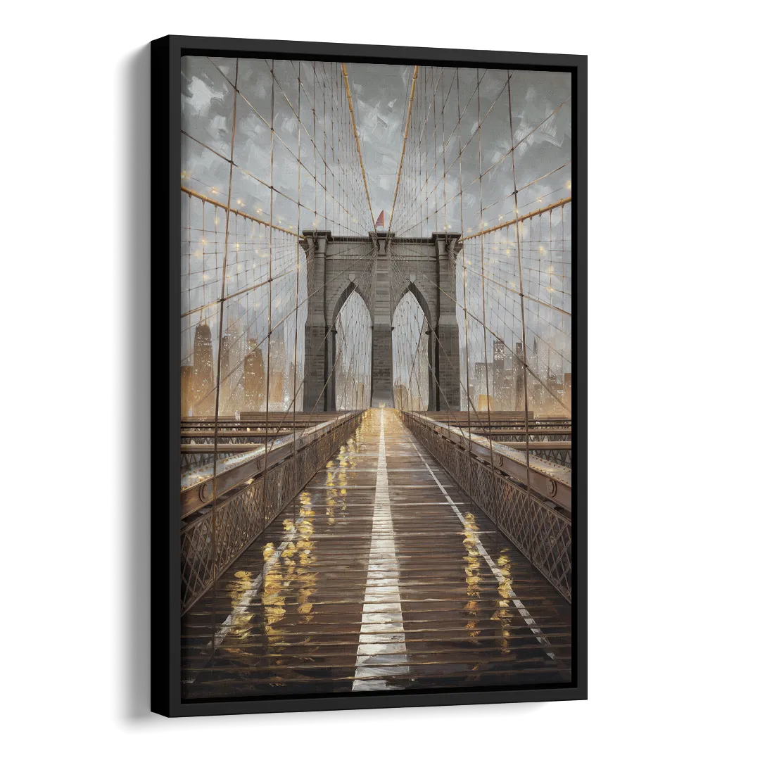 New York City Brooklyn Bridge View Side - Black Canvas Wall Art