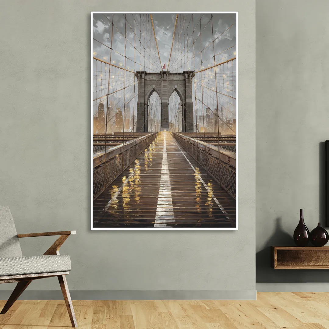 New York City Brooklyn Bridge View Sitting Room - White Canvas Wall Art
