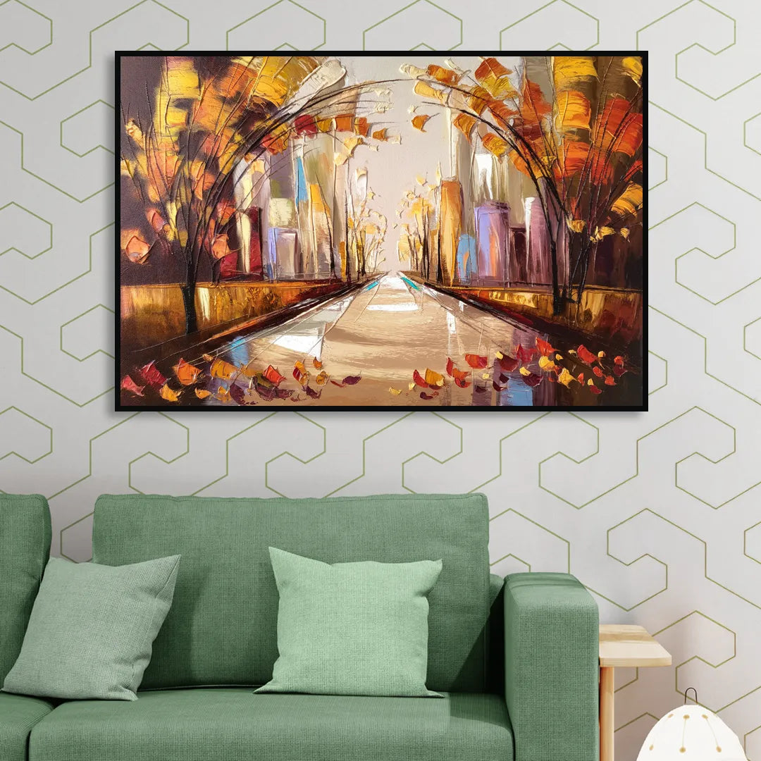 New York City Central Park Autumn Living Room - Black Canvas Wall Art