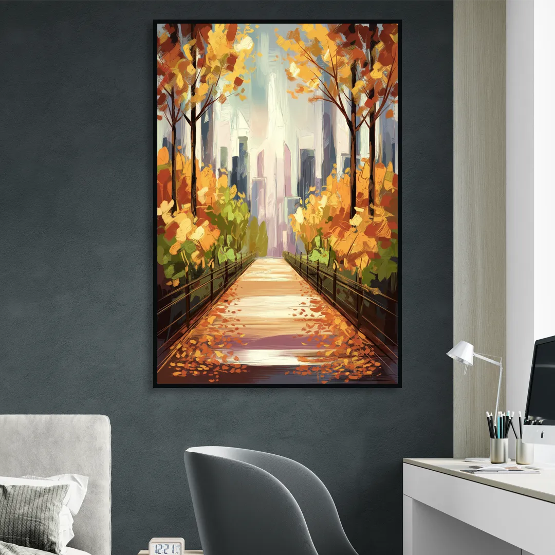 New York City Central Park in Fall Sunny Living Room - Black Canvas Wall Art