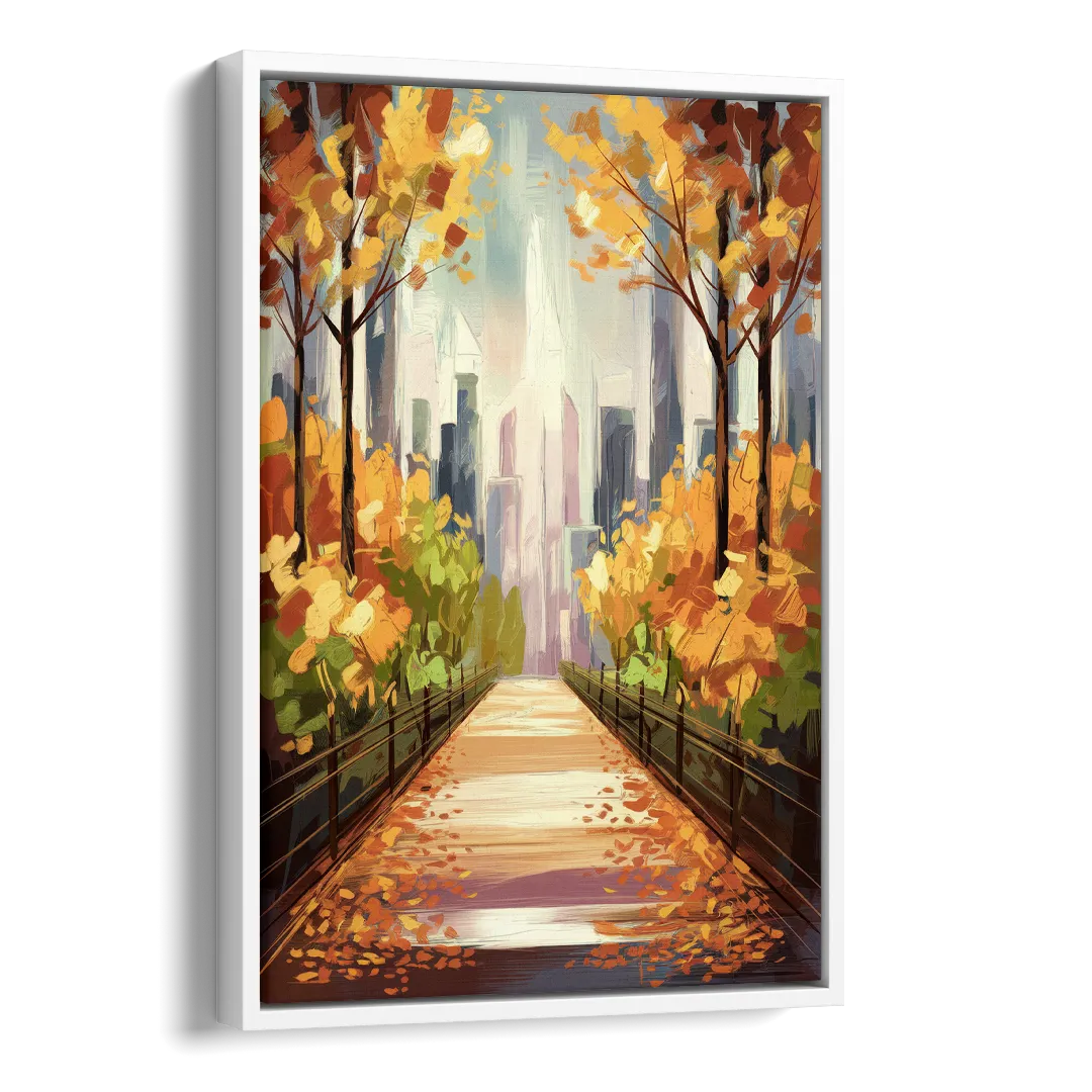 New York City Central Park in Fall Sunny Side - White Canvas Wall Art
