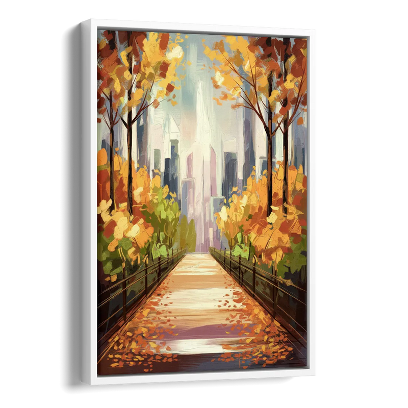 New York City Central Park in Fall Sunny Side - White Canvas Wall Art